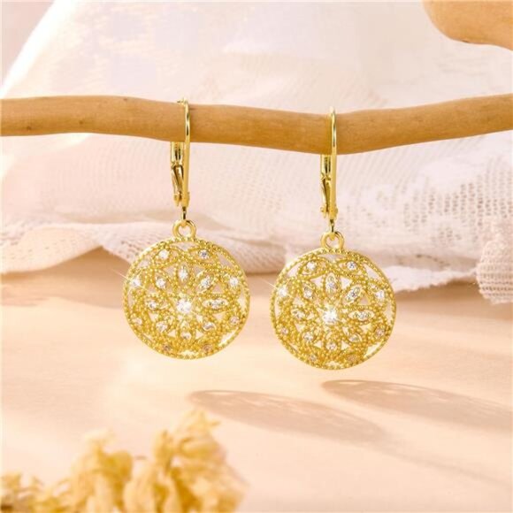 ✨ 14K Gold Leverback Dangle Earrings – CZ Circle Drop Sterling Silver Jewelry - Picture 3 of 5